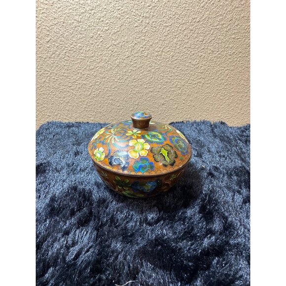 Vintage Chinese Cloisonné Enamel Lidded Bowl With Floral Design Round  3.5” - Picture 1 of 8